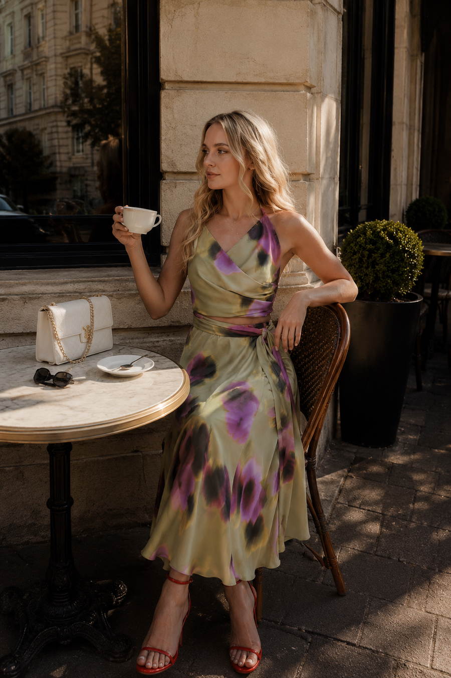 Set satinat cu top petrecut si fusta midi cu imprimeu floral