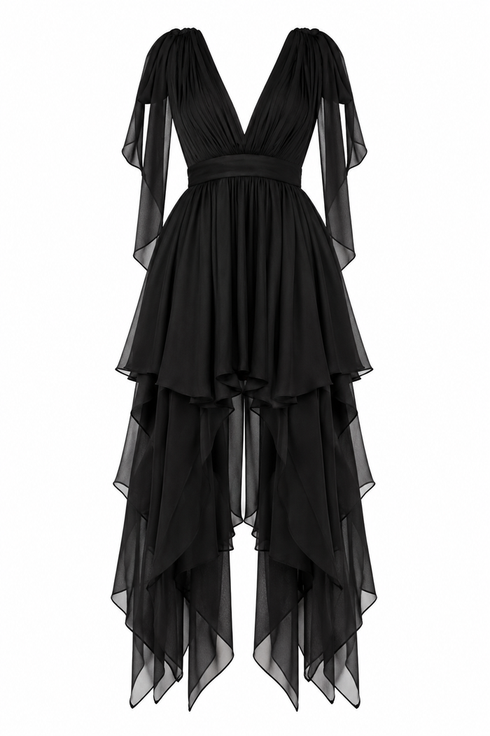 Rochie neagra cu esarfe asimetrice