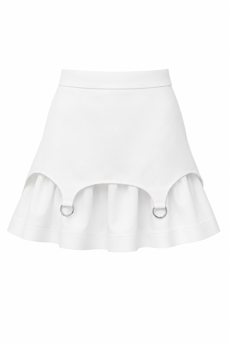 Fusta mini cu volan si detalii metalice White