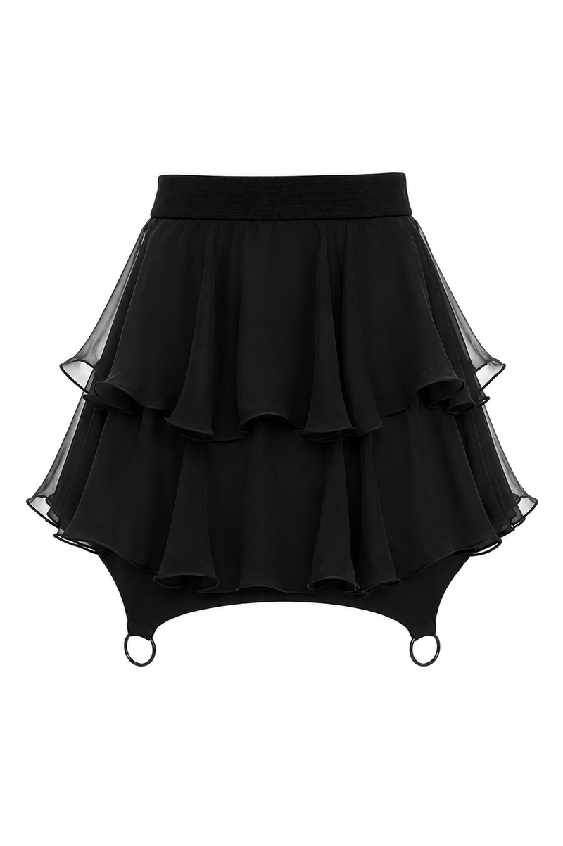 Fusta mini cu volane din matase si inele metalice Black