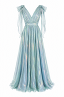 Long film-coated silk dress with deep neckline