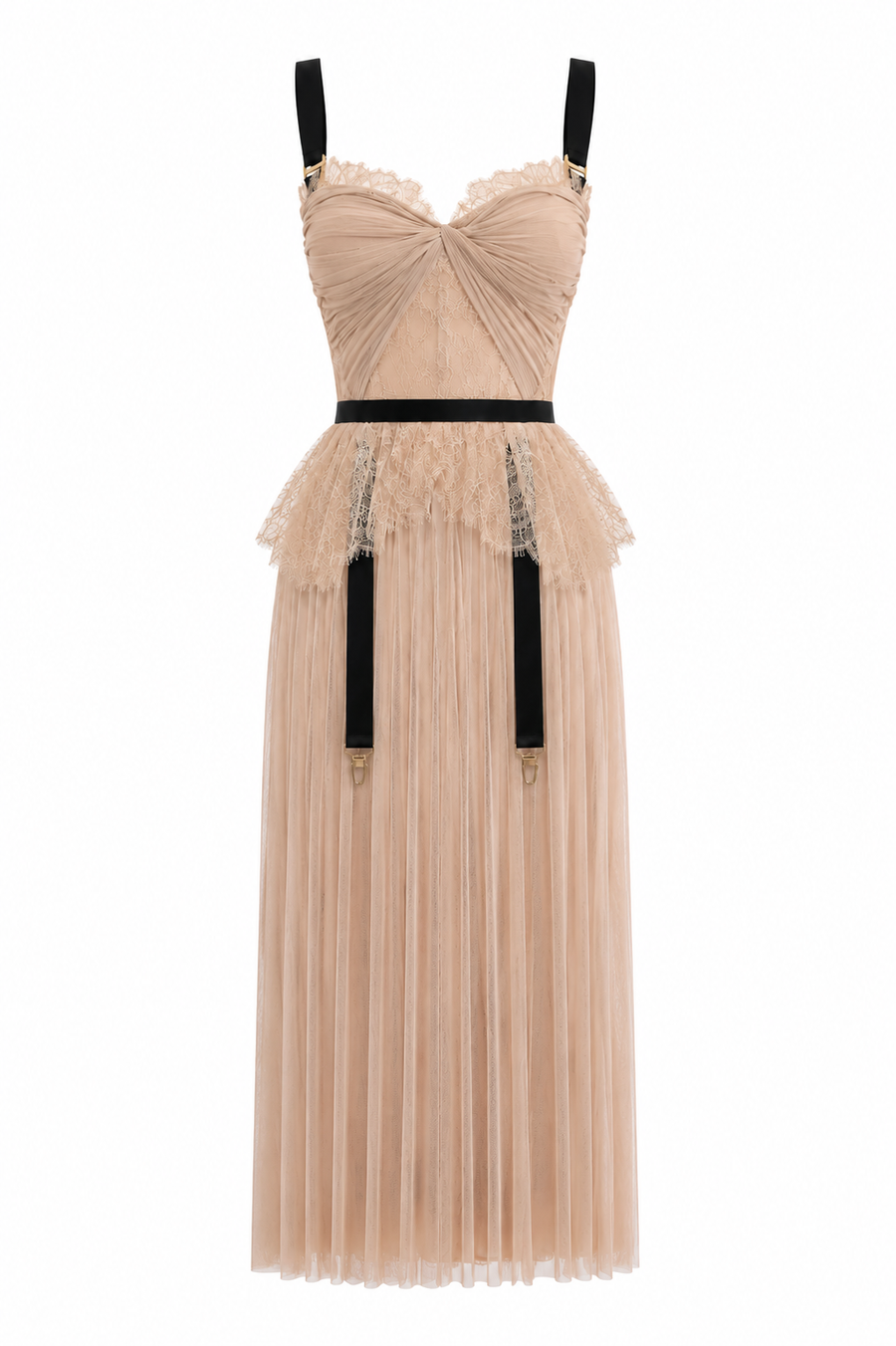 Silk dress with faux garter belt detail