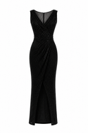 Rochie lunga din micropaiete negre cu slit frontal
