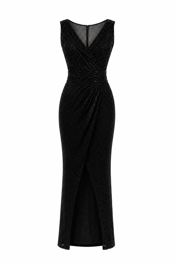 Rochie lunga din micropaiete negre cu slit frontal