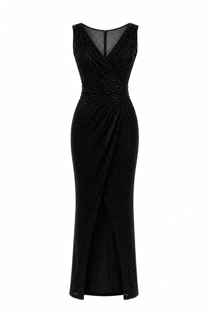 Rochie lunga din micropaiete negre cu slit frontal