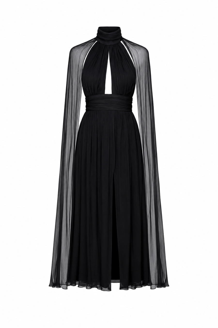 Rochie midi cu slit si esarfe tip capa
