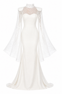 Mermaid dress with accessorized embroidery and flared sleeves