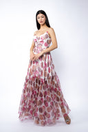 Rochie lunga din matase cu bretele si imprimeu cu buline Pink
