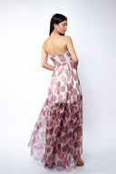 Rochie lunga din matase cu bretele si imprimeu cu buline Pink
