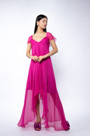 Rochie asimetrica lejera din amestec de matase Fucsia