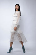 Rochie midi din voal de matase peliculizata cu volane delicate
