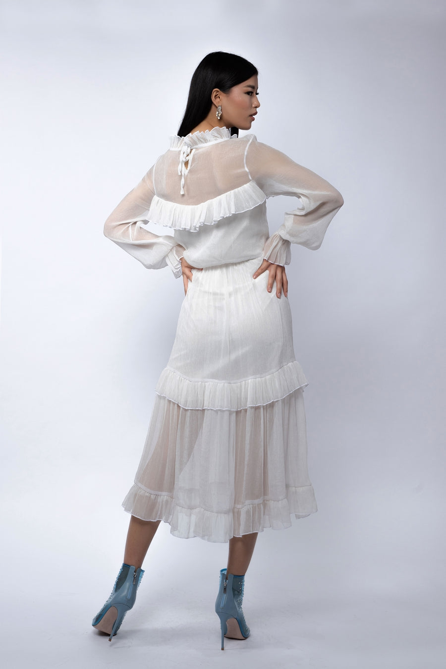 Rochie midi din voal de matase peliculizata cu volane delicate