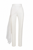 Pantaloni conici cu fronseu si volan din matase white