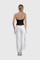 Pantaloni conici cu fronseu si volan din matase white
