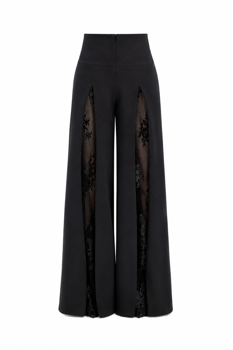 Pantaloni palazzo cu insertii din dantela Chantilly