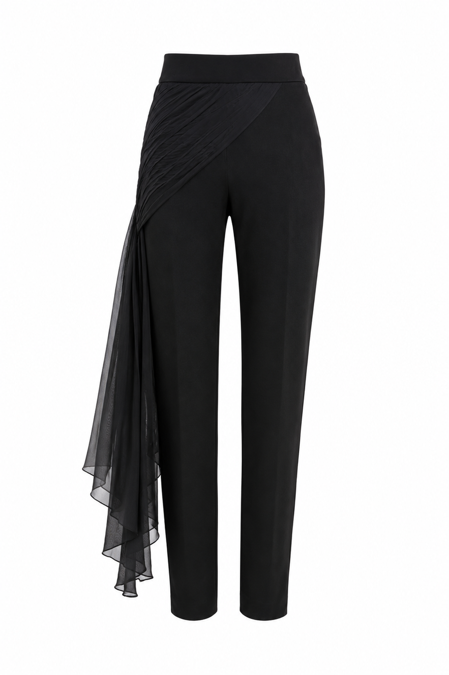 Pantaloni conici cu fronseu si volan din matase black