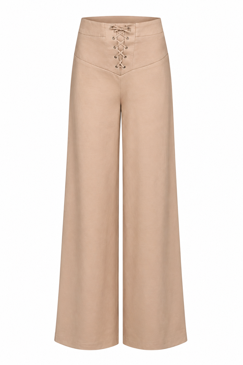 Pantaloni nude palazzo cu detaliu corset