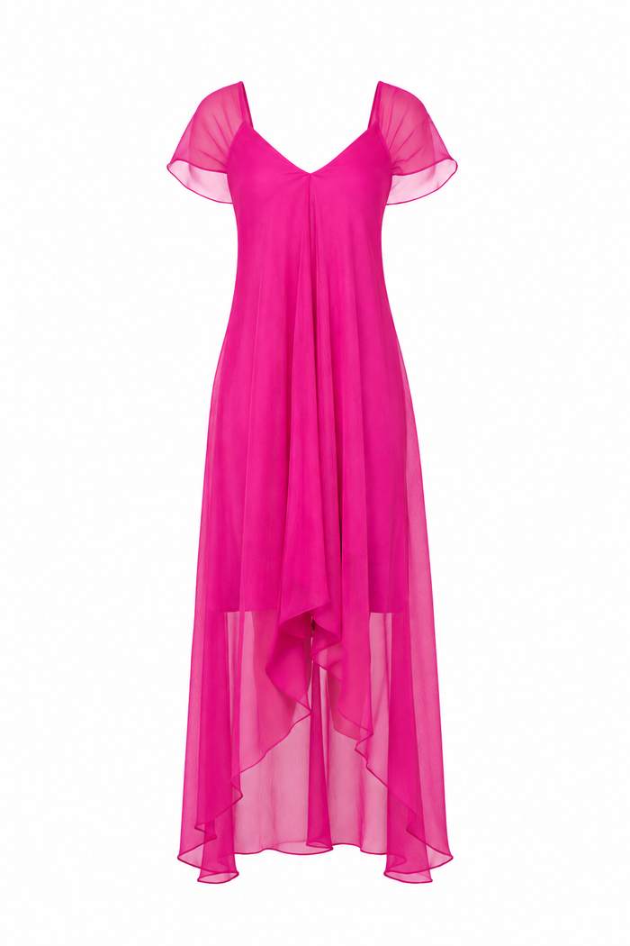 Rochie asimetrica lejera din amestec de matase Fucsia