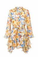 Rochie din matase cu imprimeu floral pastel si volane asimetrice