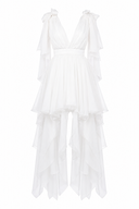 White dress with asymmetrical scarves