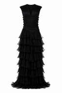 Long dress with gathered bodice and ample ruffles