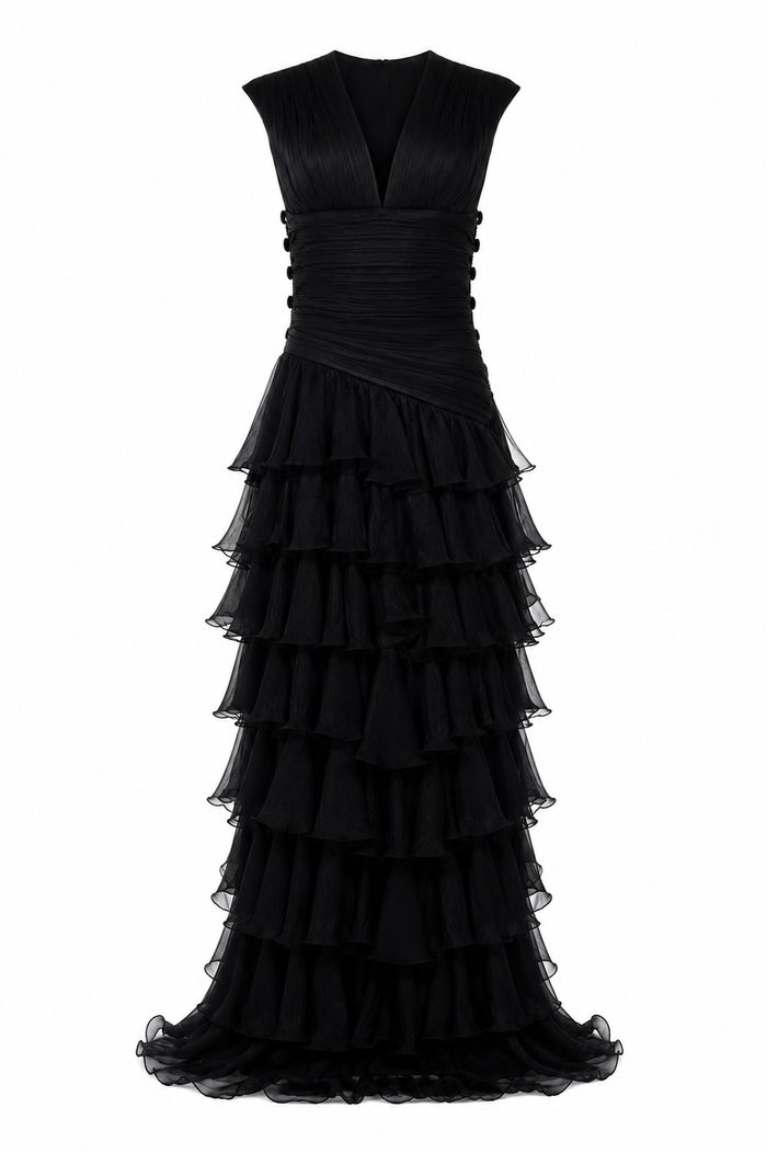 Rochie lunga  cu bust fronsat si volane ample