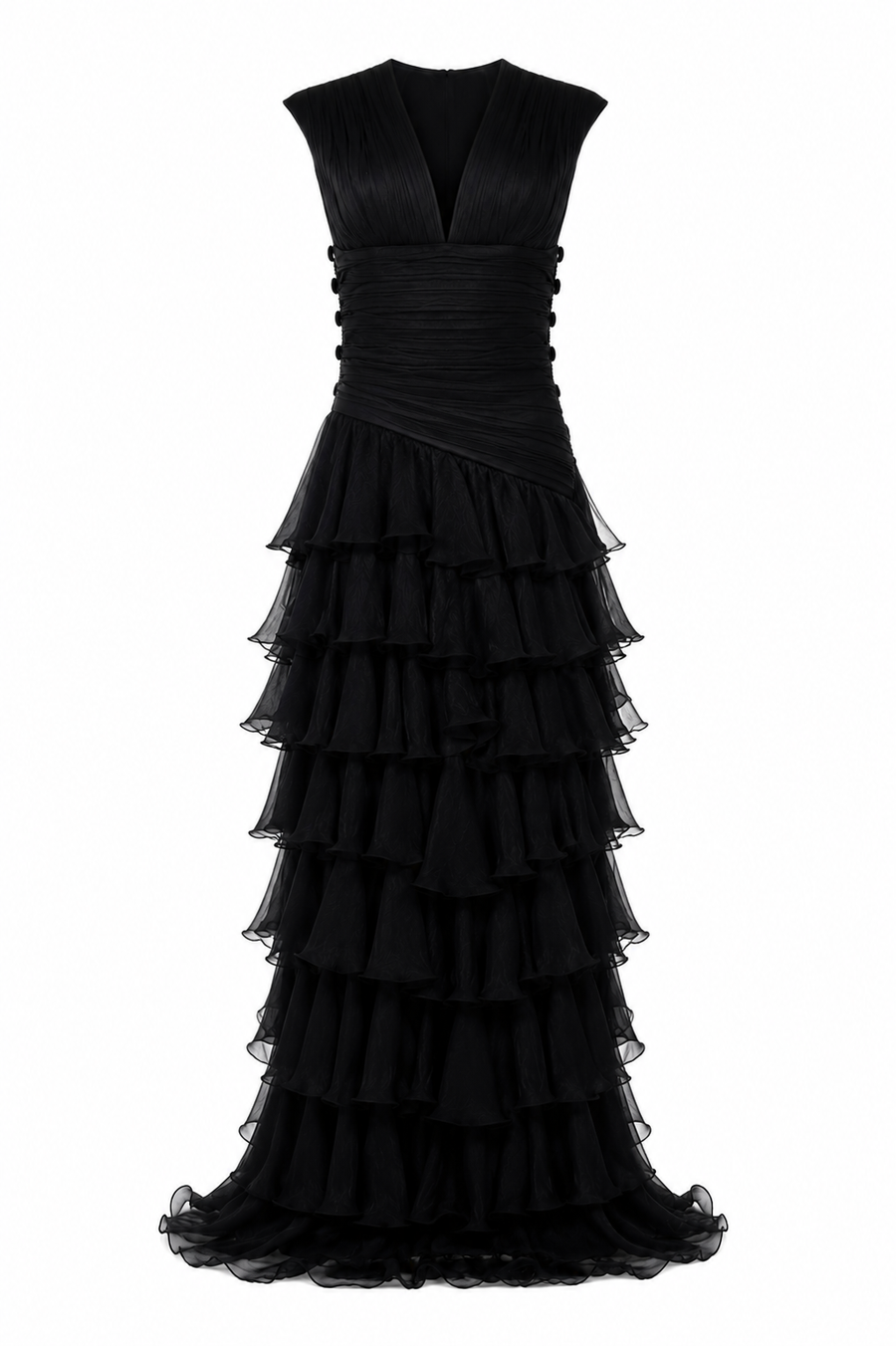 Rochie lunga  cu bust fronsat si volane ample