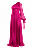 Long asymmetrical dress made of film-coated silk tulle