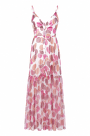 Rochie lunga din matase cu bretele si imprimeu cu buline Pink
