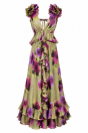Rochie lunga cu imprimeu floral si volane din matase