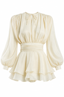 Short ivory dress with a draped waist and voluminous sleeves