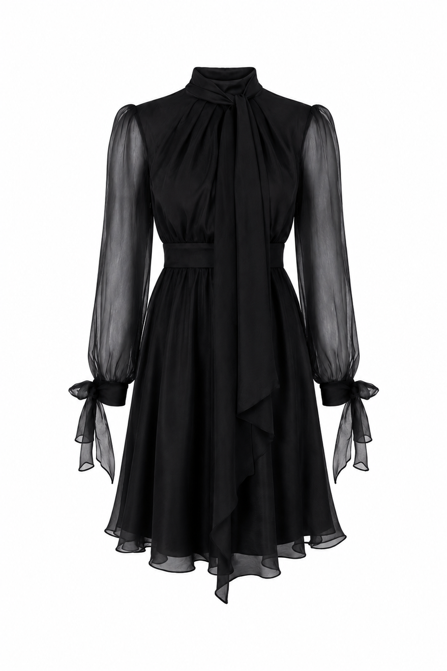 Rochie midi din voal de matase cu esarfe Black