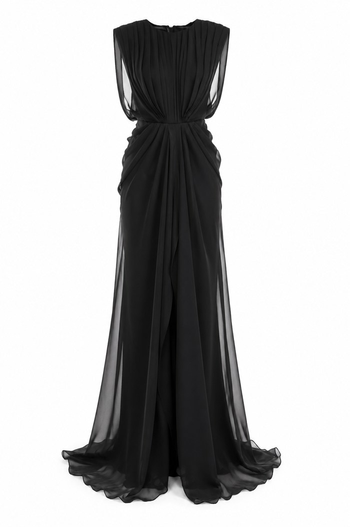 Rochie lunga plisata cu spate deschis
