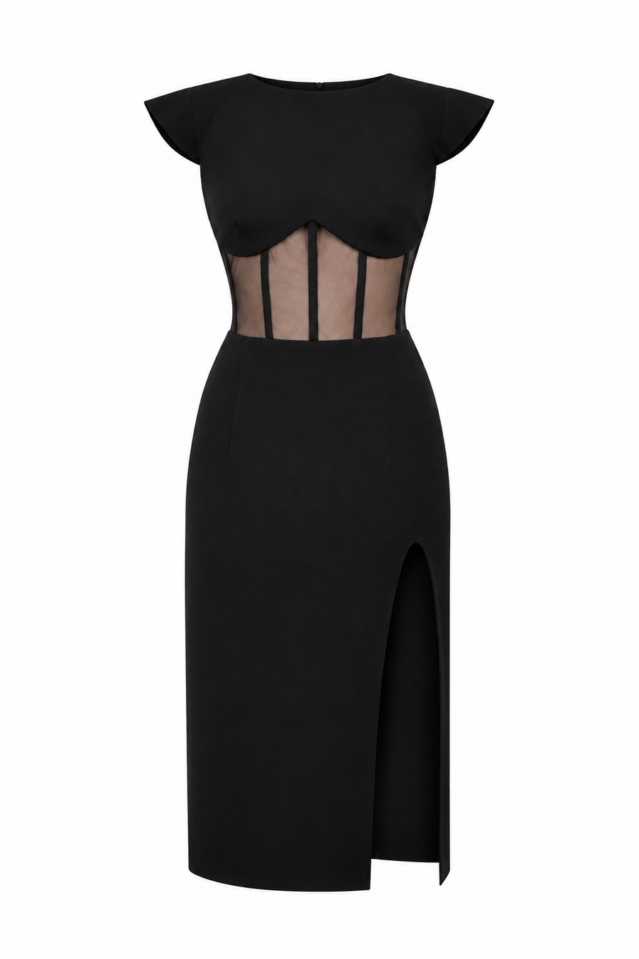 Rochie midi neagra cu corset transparent si slit
