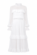 Rochie midi din voal de matase peliculizata cu volane delicate