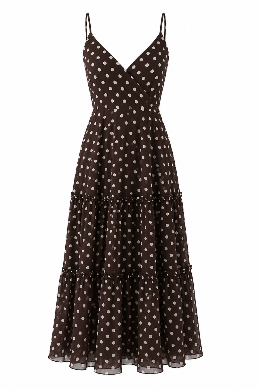 Rochie midi din voal cu buline si spate decupat Brown Polka Dot