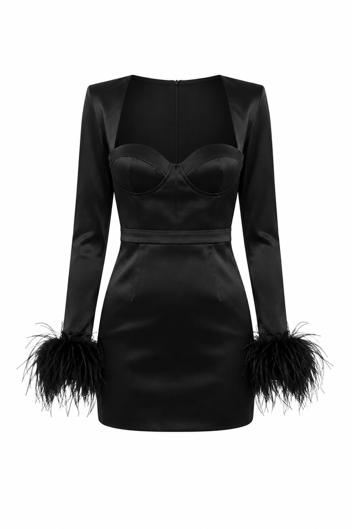 Rochie mini neagra cu maneci lungi si pene