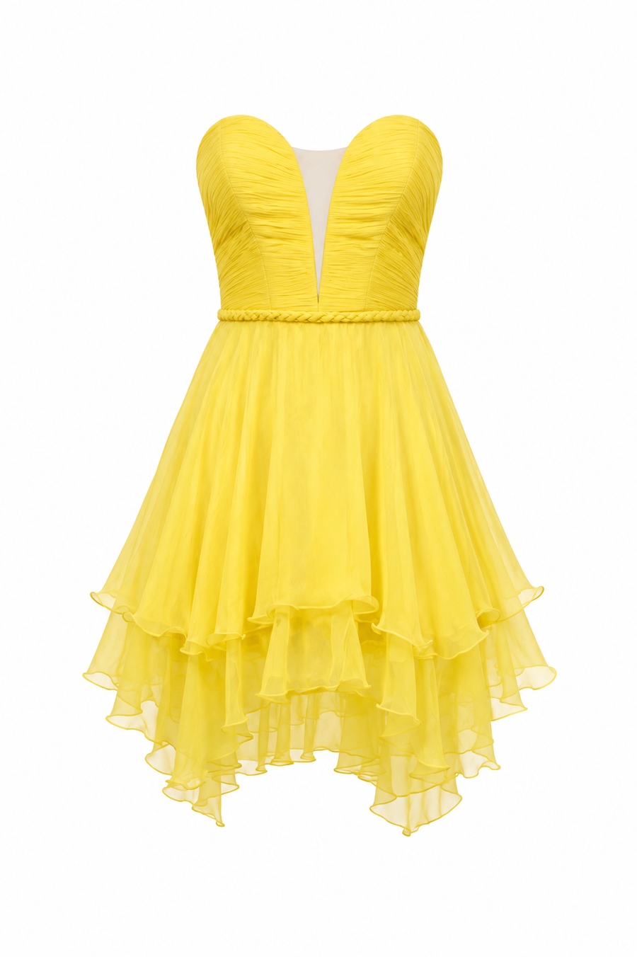 Short yellow strapless dress with gathered bodice