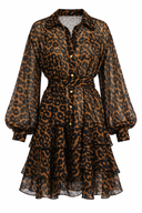 Short leopard-print dress with ruffles and voluminous sleeves