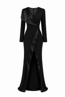 Long black wrap dress with asymmetrical lapel
