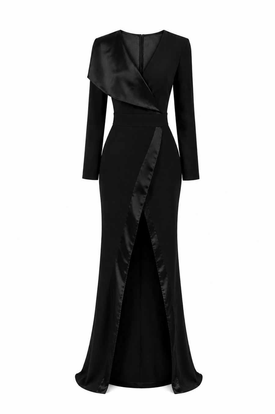 Rochie lunga neagra petrecuta cu rever asimetric