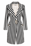 Black-and-white striped blazer dress with gold-tone details
