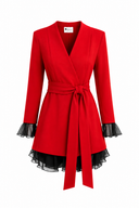 Rochie sacou cu volane din matase si cordon in talie