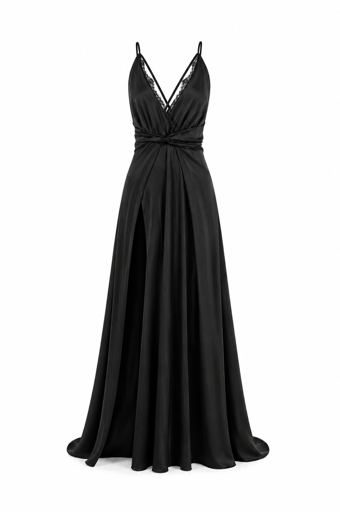 Rochie lunga neagra cu dantela si slit frontal