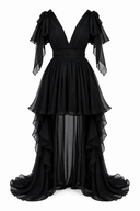 Black dress with long detachable skirt and dramatic ruffles