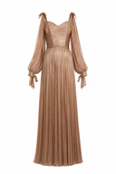 Rochie lunga din tulle  matase peliculizat cu bust fronsat si maneci fluide