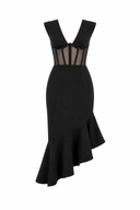 Rochie midi neagra cu corset transparent si fusta asimetrica