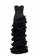 Elegant dress with corset and overlapping ruffle skirt