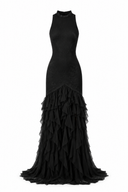 Long black dress with flowing ruffles