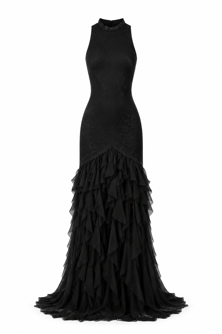 Rochie lunga neagra cu volane vaporoase